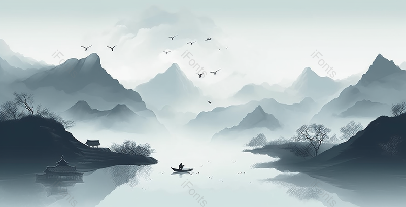 山长水远水天一色新中式蓝色水墨意境山水画,插画/手绘图,插画/手绘图库,插画/手绘图下载,插画/手绘